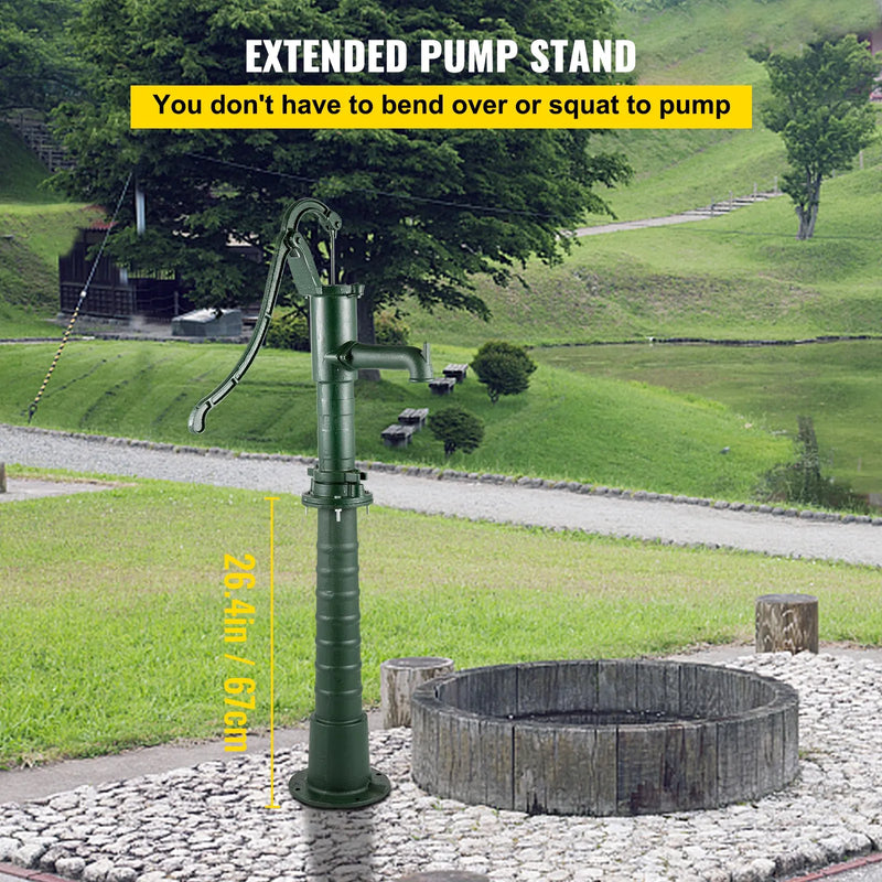VEVOR rokas akas ūdens sūknis ar statīvu no čuguna, sūkņa izmēri 40 × 23,9 × 131 cm, statīva augstums 66 cm ar iepriekš izurbtiem 12,7 mm montāžas caurumiem, vienkārša uzstādīšana, piemērots pagalmam, dārzam un saimniecības apūdeņošanai, zaļš