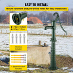 VEVOR rokas akas ūdens sūknis ar statīvu no čuguna, sūkņa izmēri 40 × 23,9 × 131 cm, statīva augstums 66 cm ar iepriekš izurbtiem 12,7 mm montāžas caurumiem, vienkārša uzstādīšana, piemērots pagalmam, dārzam un saimniecības apūdeņošanai, zaļš