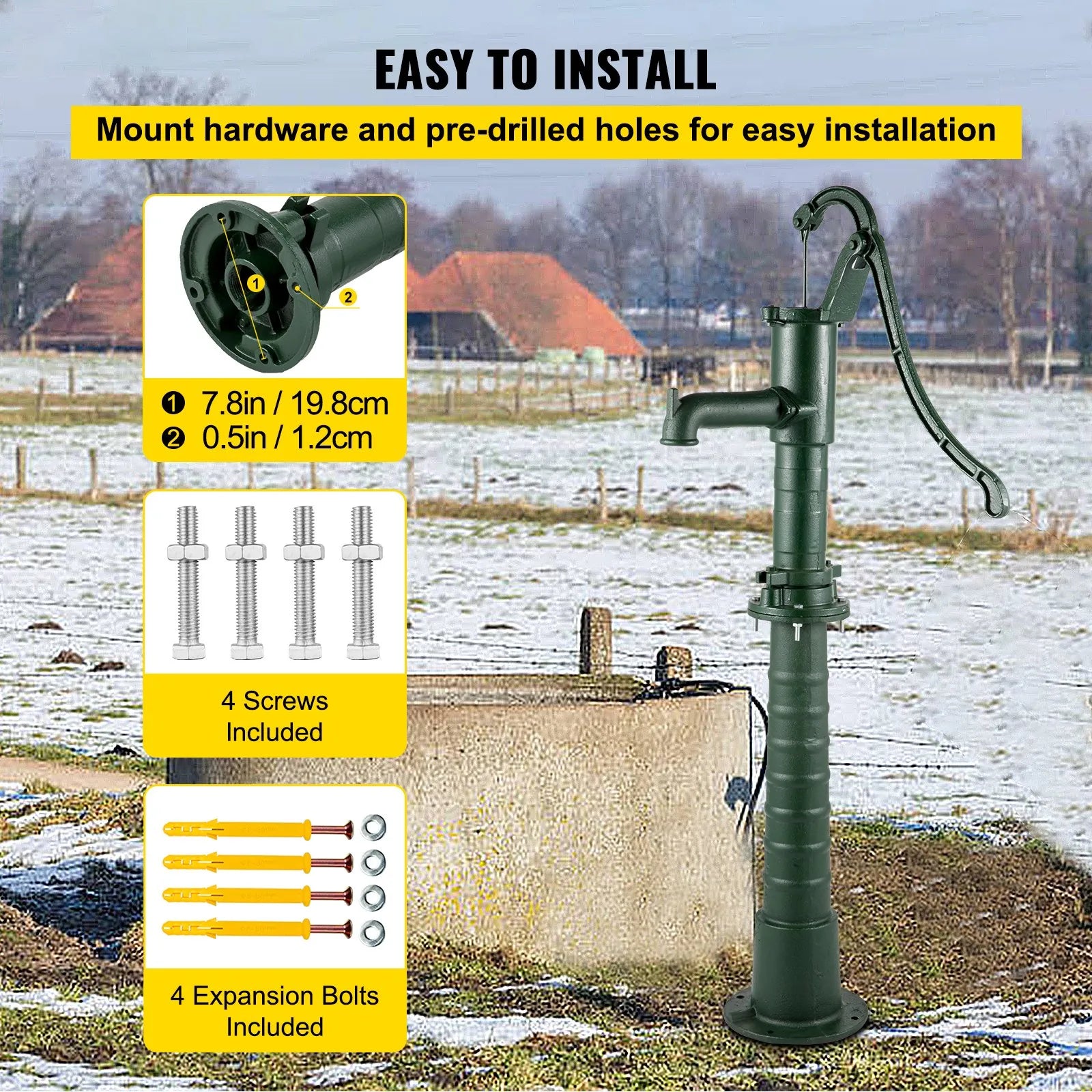 VEVOR rokas akas ūdens sūknis ar statīvu no čuguna, sūkņa izmēri 40 × 23,9 × 131 cm, statīva augstums 66 cm ar iepriekš izurbtiem 12,7 mm montāžas caurumiem, vienkārša uzstādīšana, piemērots pagalmam, dārzam un saimniecības apūdeņošanai, zaļš