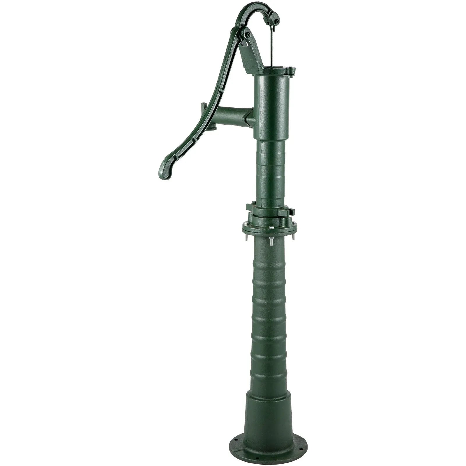 VEVOR rokas akas ūdens sūknis ar statīvu no čuguna, sūkņa izmēri 40 × 23,9 × 131 cm, statīva augstums 66 cm ar iepriekš izurbtiem 12,7 mm montāžas caurumiem, vienkārša uzstādīšana, piemērots pagalmam, dārzam un saimniecības apūdeņošanai, zaļš