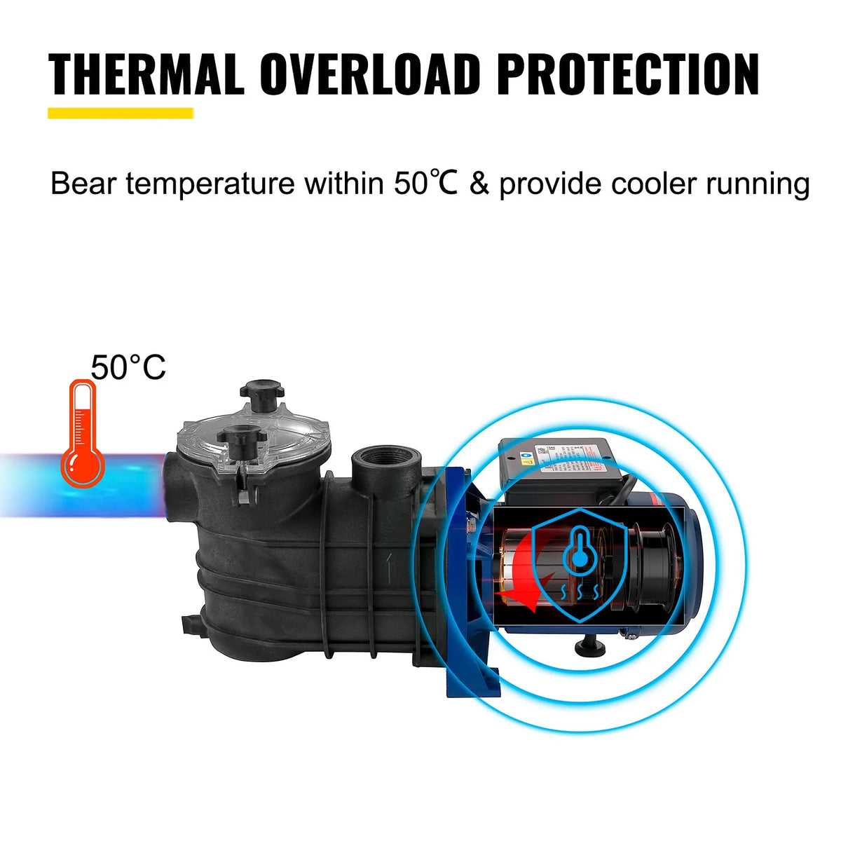 VEVOR baseina sūknis 750 W, plūsma līdz 15 000 l/h, peldbaseiniem virszemes un pazemes uzstādīšanai, ar sietiņa grozu, 50 mm ieplūde/izplūde, baseina filtra sūknis ar 2 pieslēguma šļūtenēm