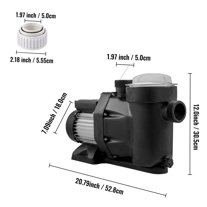 VEVOR baseina sūknis, 750 W, 19 200 l/h, baseina sūknis virszemes un iegremdētiem baseiniem ar filtra grozu, Ø50 mm ieplūdes/izplūdes pieslēgumi un 2 savienojuma šļūtenes, tīra baseina ūdens nodrošināšanai