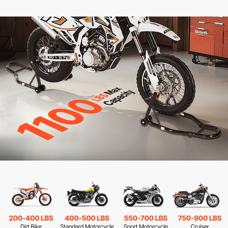 VEVOR motocikla priekšējais un aizmugurējais pacēlājs, 500 kg, regulējams, ar ritentiņiem, piemērots 165–351 mm riteņu asīm, tērauds, sarkans