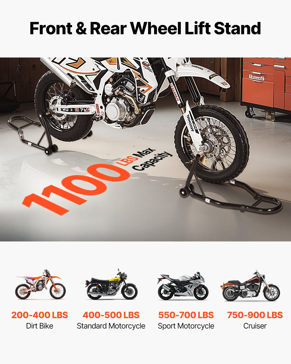 VEVOR motocikla priekšējais un aizmugurējais pacēlājs, 500 kg, regulējams, ar ritentiņiem, piemērots 165–351 mm riteņu asīm, tērauds, sarkans