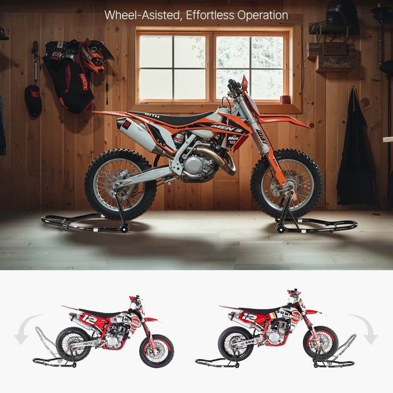 VEVOR motocikla priekšējais un aizmugurējais pacēlājs, 500 kg, regulējams, ar ritentiņiem, piemērots 165–351 mm riteņu asīm, tērauds, sarkans