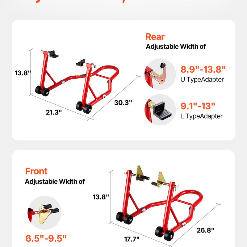 VEVOR motocikla priekšējais un aizmugurējais pacēlājs – 850 kg slodzes jauda, piemērots ķepiņu tipa (spool) un šūpoles tipa (swingarm) stiprinājumiem, sarkanā krāsā