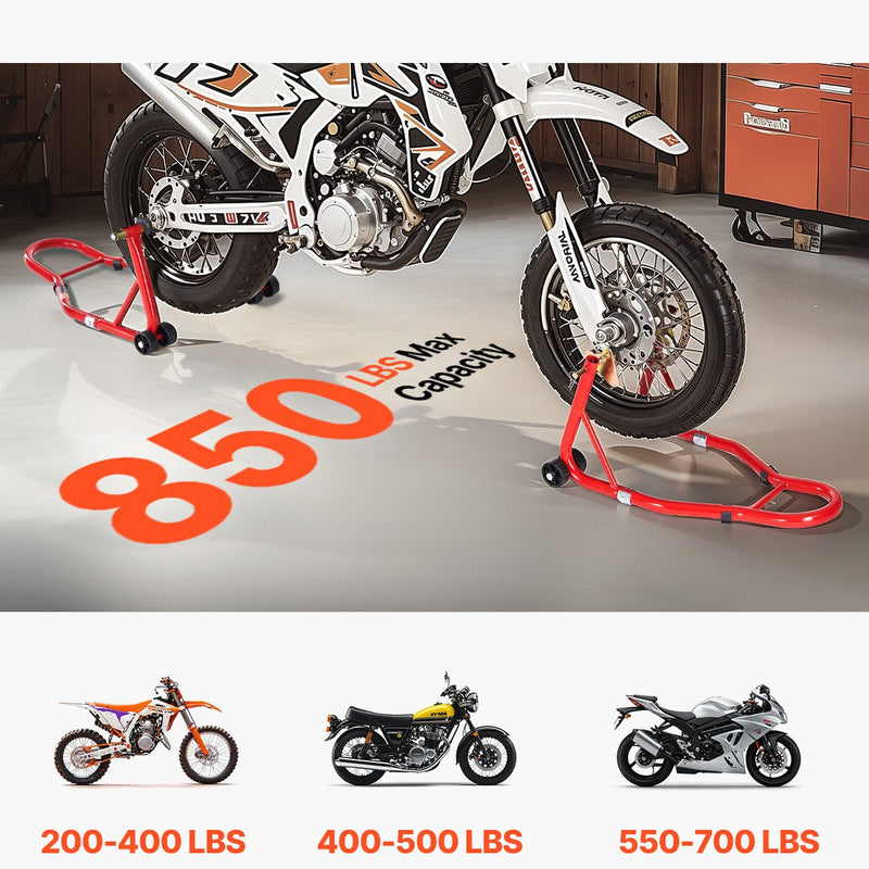 VEVOR motocikla priekšējais un aizmugurējais pacēlājs – 850 kg slodzes jauda, piemērots ķepiņu tipa (spool) un šūpoles tipa (swingarm) stiprinājumiem, sarkanā krāsā