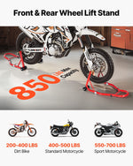 VEVOR motocikla priekšējais un aizmugurējais pacēlājs – 850 kg slodzes jauda, piemērots ķepiņu tipa (spool) un šūpoles tipa (swingarm) stiprinājumiem, sarkanā krāsā