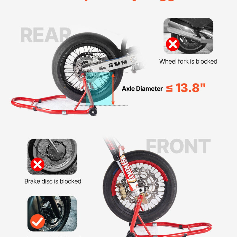 VEVOR motocikla priekšējais un aizmugurējais pacēlājs – 850 kg slodzes jauda, piemērots ķepiņu tipa (spool) un šūpoles tipa (swingarm) stiprinājumiem, sarkanā krāsā