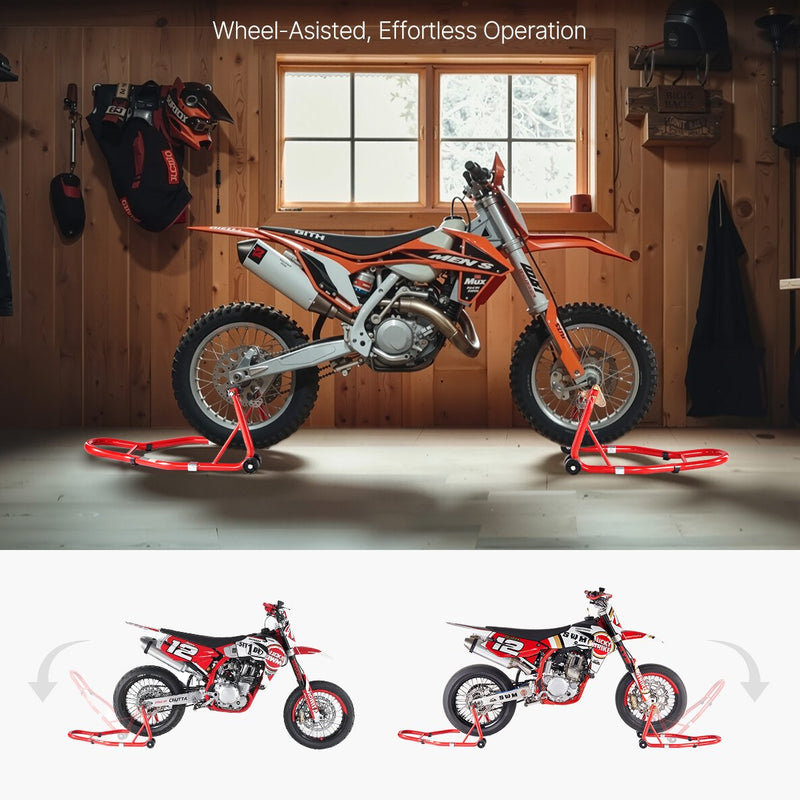 VEVOR motocikla priekšējais un aizmugurējais pacēlājs – 850 kg slodzes jauda, piemērots ķepiņu tipa (spool) un šūpoles tipa (swingarm) stiprinājumiem, sarkanā krāsā
