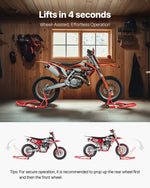 VEVOR motocikla priekšējais un aizmugurējais pacēlājs – 850 kg slodzes jauda, piemērots ķepiņu tipa (spool) un šūpoles tipa (swingarm) stiprinājumiem, sarkanā krāsā