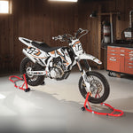 VEVOR motocikla priekšējais un aizmugurējais pacēlājs – 850 kg slodzes jauda, piemērots ķepiņu tipa (spool) un šūpoles tipa (swingarm) stiprinājumiem, sarkanā krāsā