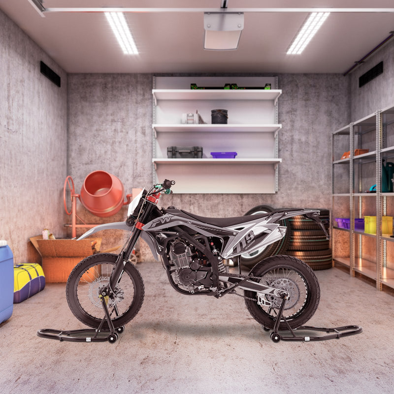 VEVOR motocikla statīvs priekšējā un aizmugurējā riteņa pacelšanai, 0,39 t, ar U+L dakšas atbalstu, saderīgs ar Yamaha, Honda, Kawasaki, Suzuki – melns