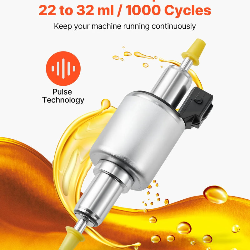 Dīzeļsildītāja degvielas sūknis 12/24 V, automašīnas gaisa sildītāja dozēšanas sūknis ar 22–32 ml padevi, piemērots 2 kW, 5 kW un 8 kW dīzeļsildītājiem, klusas darbības dizains ar impulsu tehnoloģiju