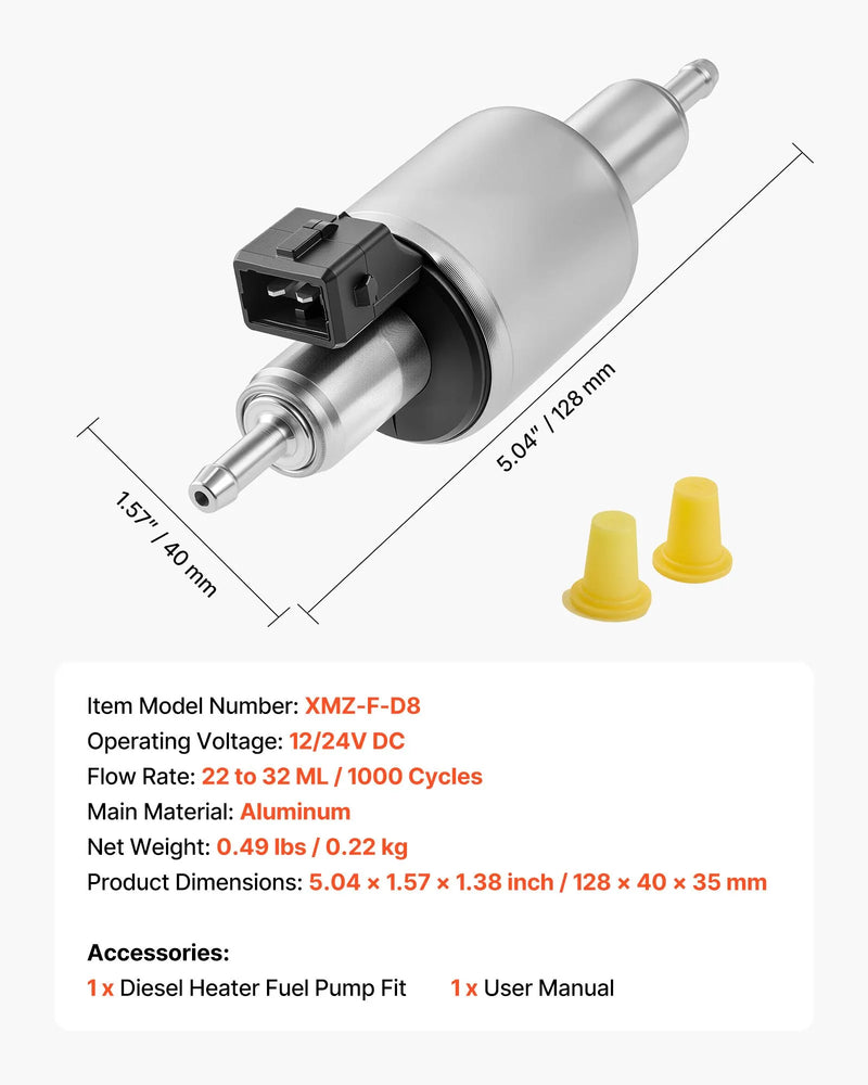 Dīzeļsildītāja degvielas sūknis 12/24 V, automašīnas gaisa sildītāja dozēšanas sūknis ar 22–32 ml padevi, piemērots 2 kW, 5 kW un 8 kW dīzeļsildītājiem, klusas darbības dizains ar impulsu tehnoloģiju