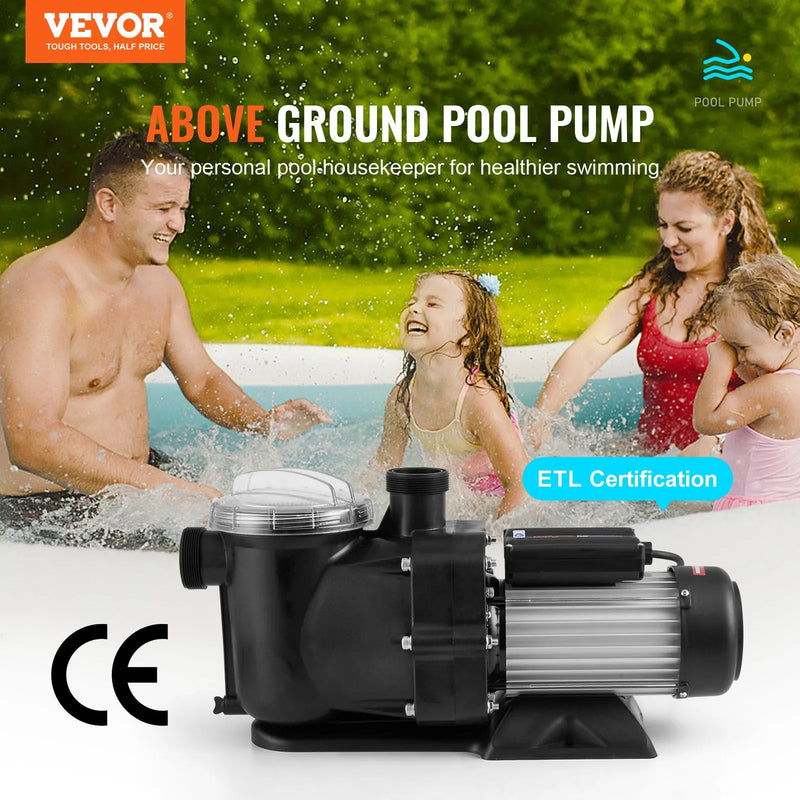VEVOR virszemes baseina sūknis, 1118 W, vienas ātruma režīms, maksimālā plūsma 378 l/min, 220 V, 2850 apgr./min, maksimālais pacēlums 15 m, ar filtra grozu, piemērots virszemes baseiniem, burbuļvannām un SPA, UL sertificēts