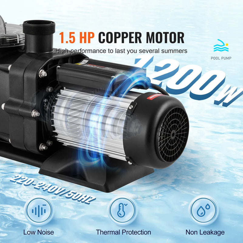 VEVOR virszemes baseina sūknis, 1118 W, vienas ātruma režīms, maksimālā plūsma 378 l/min, 220 V, 2850 apgr./min, maksimālais pacēlums 15 m, ar filtra grozu, piemērots virszemes baseiniem, burbuļvannām un SPA, UL sertificēts