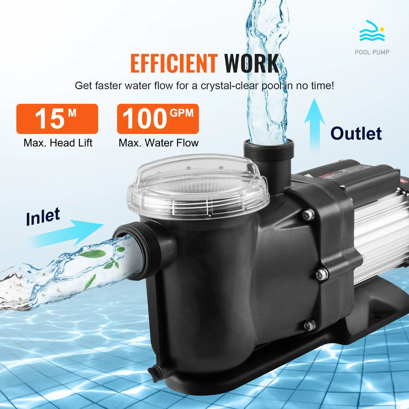 VEVOR virszemes baseina sūknis, 1118 W, vienas ātruma režīms, maksimālā plūsma 378 l/min, 220 V, 2850 apgr./min, maksimālais pacēlums 15 m, ar filtra grozu, piemērots virszemes baseiniem, burbuļvannām un SPA, UL sertificēts