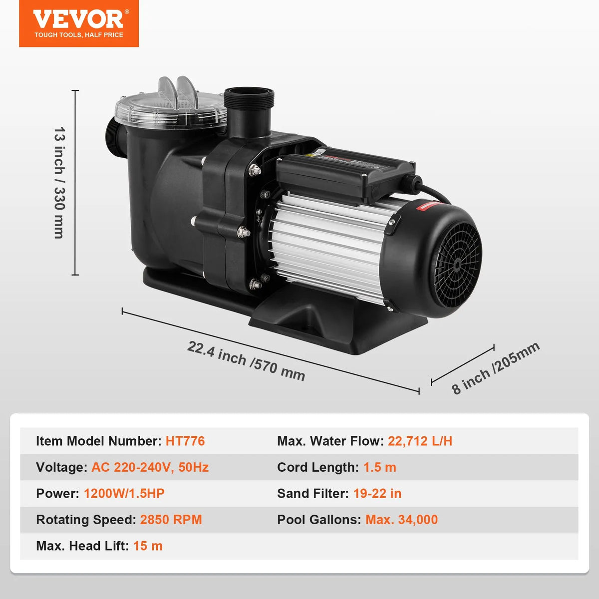 VEVOR virszemes baseina sūknis, 1118 W, vienas ātruma režīms, maksimālā plūsma 378 l/min, 220 V, 2850 apgr./min, maksimālais pacēlums 15 m, ar filtra grozu, piemērots virszemes baseiniem, burbuļvannām un SPA, UL sertificēts