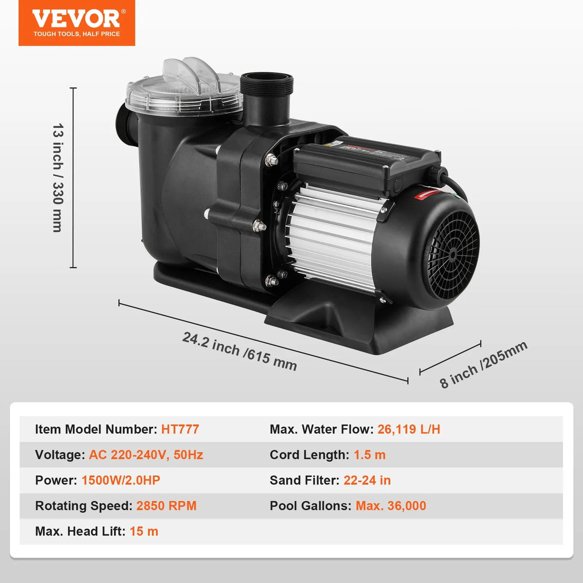 VEVOR virszemes baseina sūknis, 1491 W (2 ZS), vienas ātruma režīms, maksimālā plūsma 435 l/min, 220 V, 2850 apgr./min, maksimālais pacēlums 15 m, ar filtra grozu, piemērots virszemes baseiniem, burbuļvannām un SPA, UL sertificēts