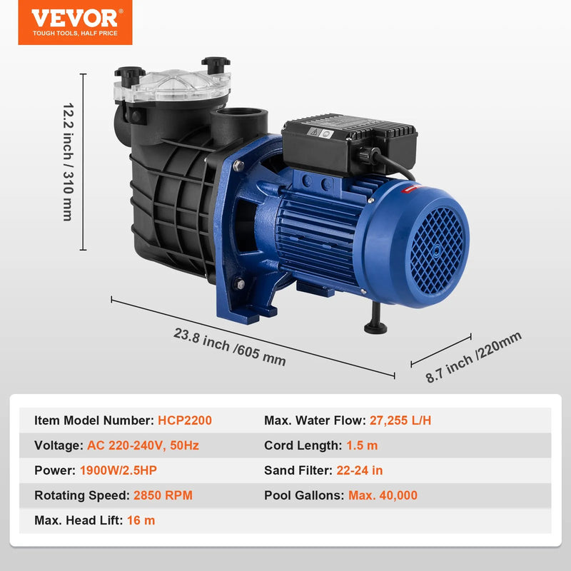VEVOR virszemes baseina sūknis, 1864 W, viena ātruma režīms, maksimālā plūsma 454 l/min, 220 V, 2850 apgr./min, maksimālais pacēlums 16 m, ar filtra grozu, piemērots virszemes baseiniem, burbuļvannām un SPA, UL sertificēts