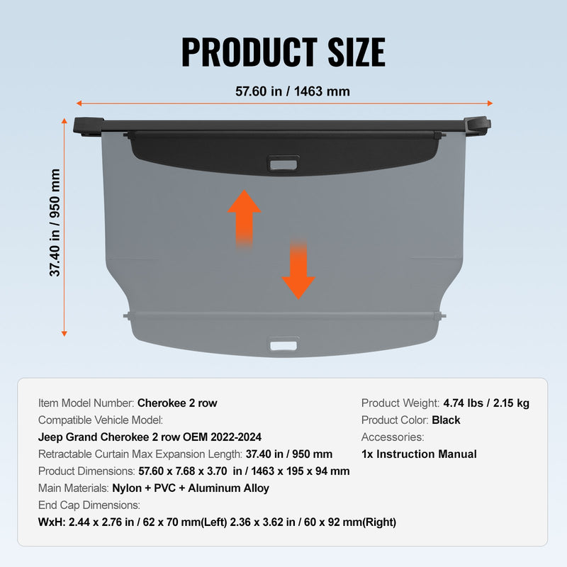 VEVOR izvelkamais bagāžas pārsegs Jeep Grand Cherokee 2. rinda 2022–2024 OEM dizains