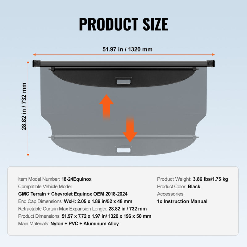 VEVOR Kokkupandav pagasiruumi kate GMC Terrain ja Chevrolet Equinox 2018-2024 jaoks