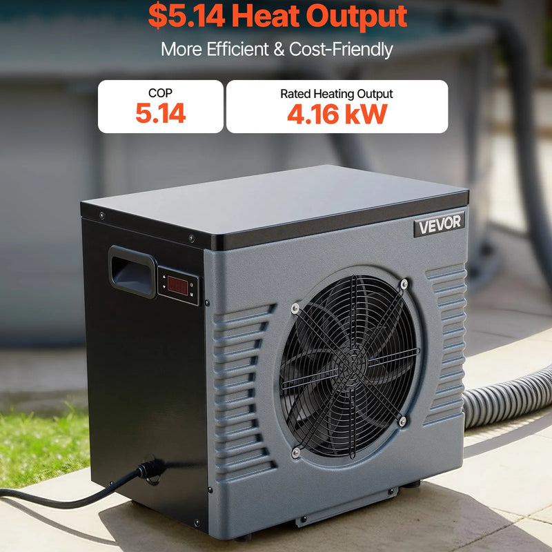 VEVOR 4160 W baseina siltumsūknis, elektriskais baseina sildītājs virszemes baseiniem līdz 15 m³, maksimālais COP 5,14, zems trokšņa līmenis, GFCI aizsardzība, sildīšanas temperatūra 15–40 ℃ peldēšanai un fitnesam, 220 V 50 Hz