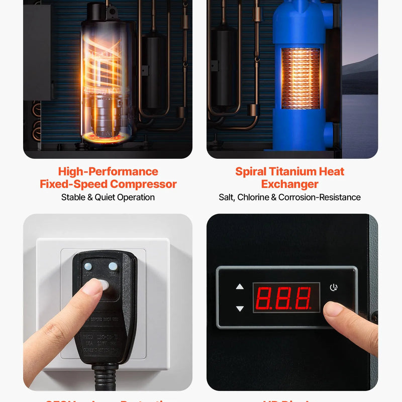 VEVOR 4160 W baseina siltumsūknis, elektriskais baseina sildītājs virszemes baseiniem līdz 15 m³, maksimālais COP 5,14, zems trokšņa līmenis, GFCI aizsardzība, sildīšanas temperatūra 15–40 ℃ peldēšanai un fitnesam, 220 V 50 Hz