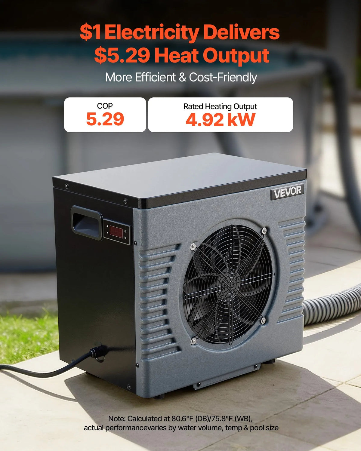 VEVOR 4920 W baseina siltumsūknis, elektriskais baseina sildītājs virszemes baseiniem līdz 18 m³, maksimālais COP 5,29, zems trokšņa līmenis, GFCI aizsardzība, sildīšanas temperatūra 15–40 ℃ peldēšanai un fitnesam, 220 V 50 Hz