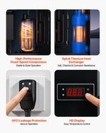 VEVOR 4920 W baseina siltumsūknis, elektriskais baseina sildītājs virszemes baseiniem līdz 18 m³, maksimālais COP 5,29, zems trokšņa līmenis, GFCI aizsardzība, sildīšanas temperatūra 15–40 ℃ peldēšanai un fitnesam, 220 V 50 Hz