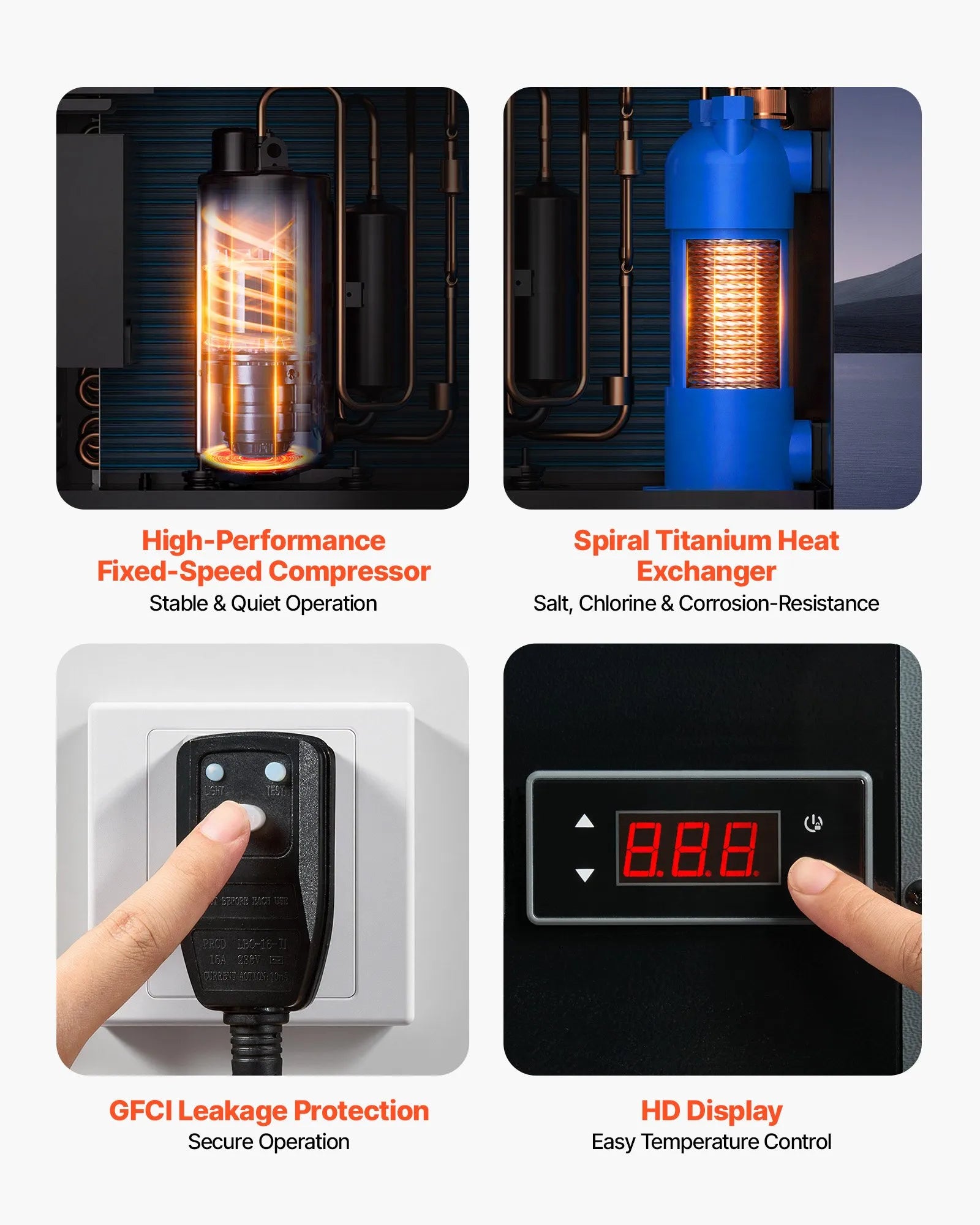 VEVOR 4920 W baseina siltumsūknis, elektriskais baseina sildītājs virszemes baseiniem līdz 18 m³, maksimālais COP 5,29, zems trokšņa līmenis, GFCI aizsardzība, sildīšanas temperatūra 15–40 ℃ peldēšanai un fitnesam, 220 V 50 Hz