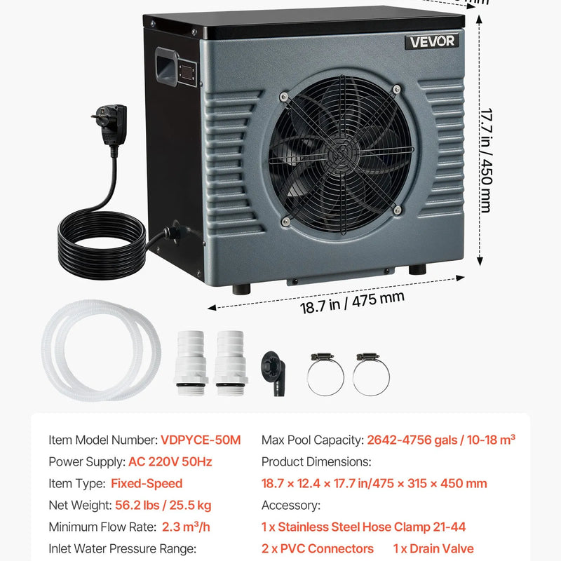 VEVOR 4920 W baseina siltumsūknis, elektriskais baseina sildītājs virszemes baseiniem līdz 18 m³, maksimālais COP 5,29, zems trokšņa līmenis, GFCI aizsardzība, sildīšanas temperatūra 15–40 ℃ peldēšanai un fitnesam, 220 V 50 Hz