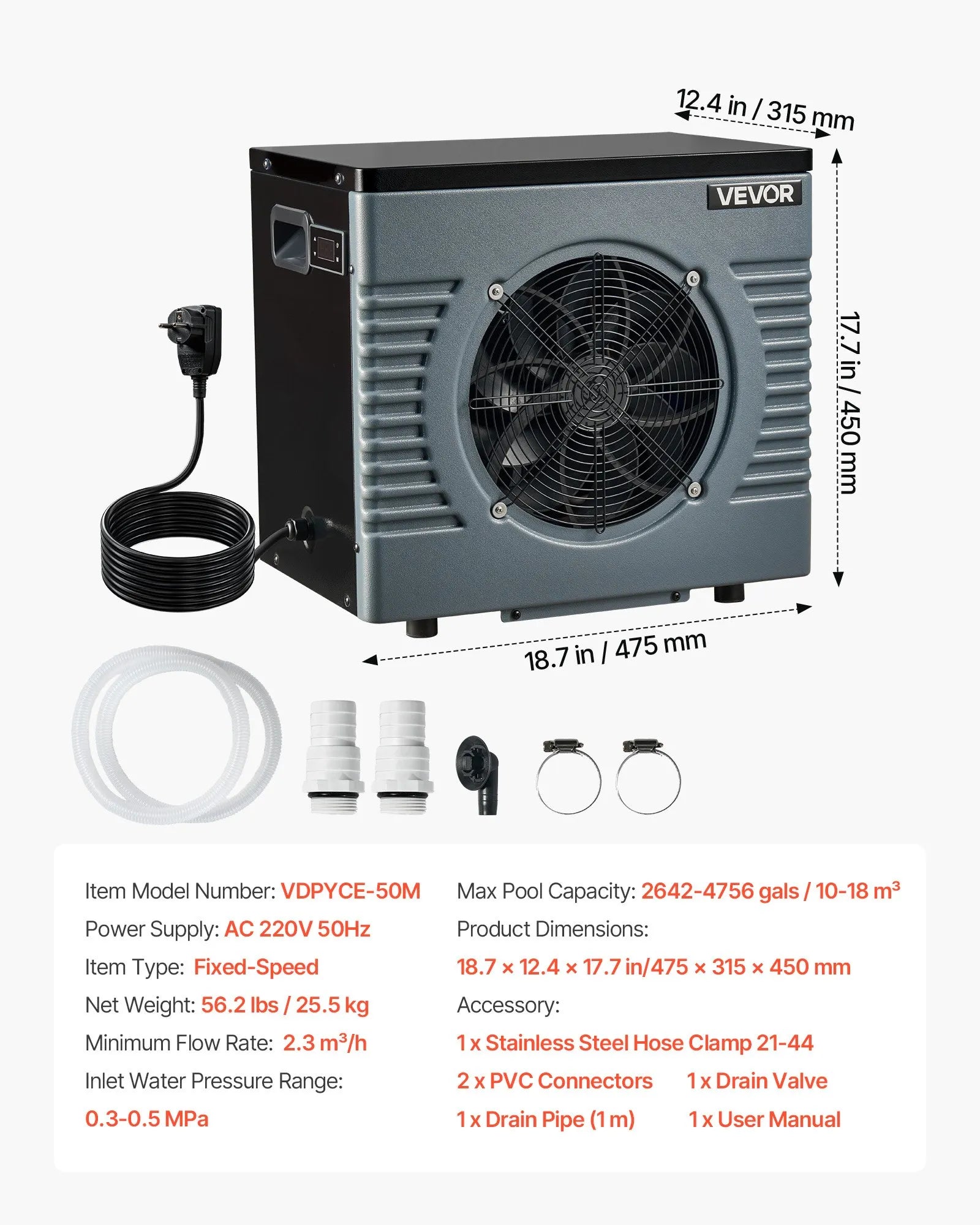 VEVOR 4920 W baseina siltumsūknis, elektriskais baseina sildītājs virszemes baseiniem līdz 18 m³, maksimālais COP 5,29, zems trokšņa līmenis, GFCI aizsardzība, sildīšanas temperatūra 15–40 ℃ peldēšanai un fitnesam, 220 V 50 Hz
