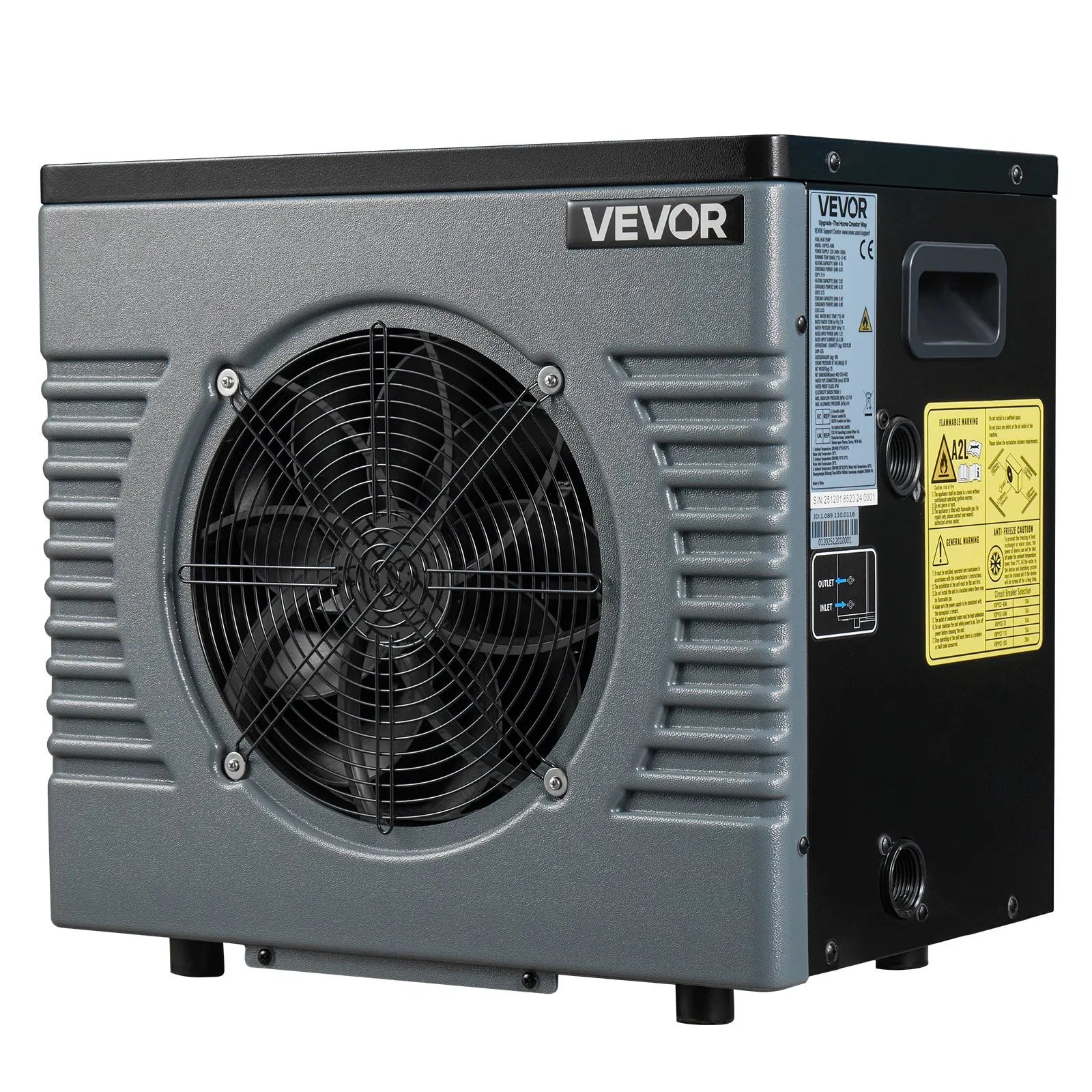 VEVOR 4920 W baseina siltumsūknis, elektriskais baseina sildītājs virszemes baseiniem līdz 18 m³, maksimālais COP 5,29, zems trokšņa līmenis, GFCI aizsardzība, sildīšanas temperatūra 15–40 ℃ peldēšanai un fitnesam, 220 V 50 Hz