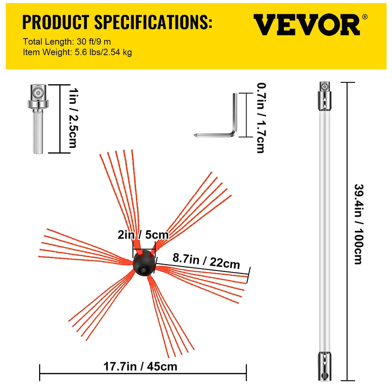 VEVOR skursteņa tīrīšanas komplekts, skursteņa birste 9,14 m skursteņu un kamīnu tīrīšanai