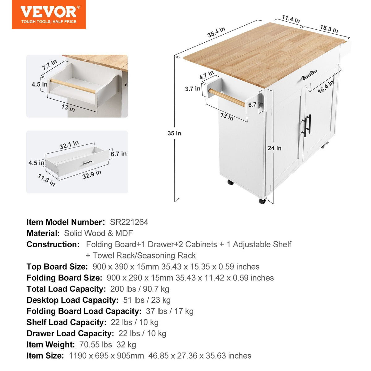 VEVOR Virtuves Mobilie Ratiņi ar Cietkoka Virsmu, ar Garšvielu Plauktu, Dvieļu Turētāju un Atvilktni, balti, 90 cm,