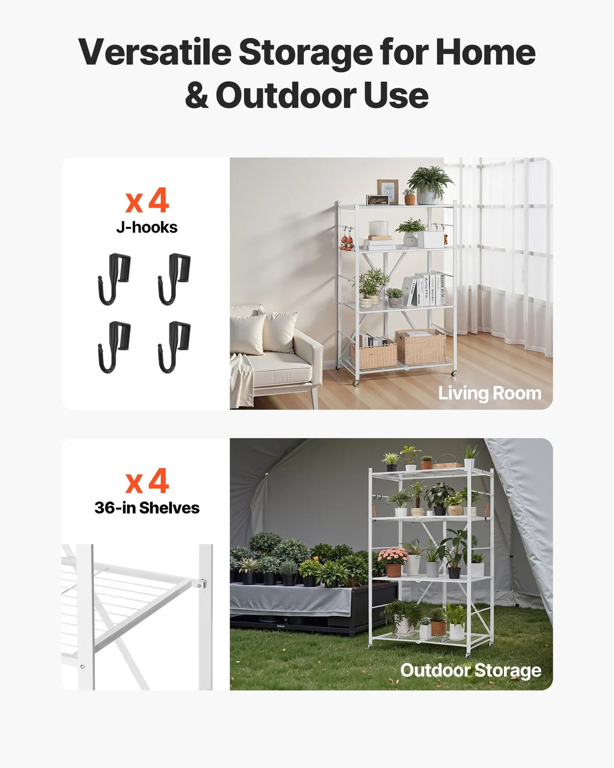 Saliekams uzglabāšanas plaukts ar 4 līmeņiem un riteņiem, balts, bez montāžas nepieciešamības