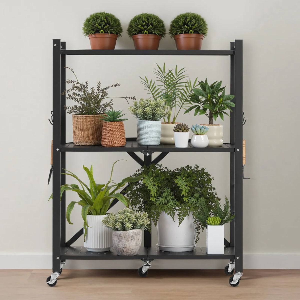 Saliekams metāla uzglabāšanas plaukts ar 3 līmeņiem un riteņiem, 71 × 33 × 91 cm