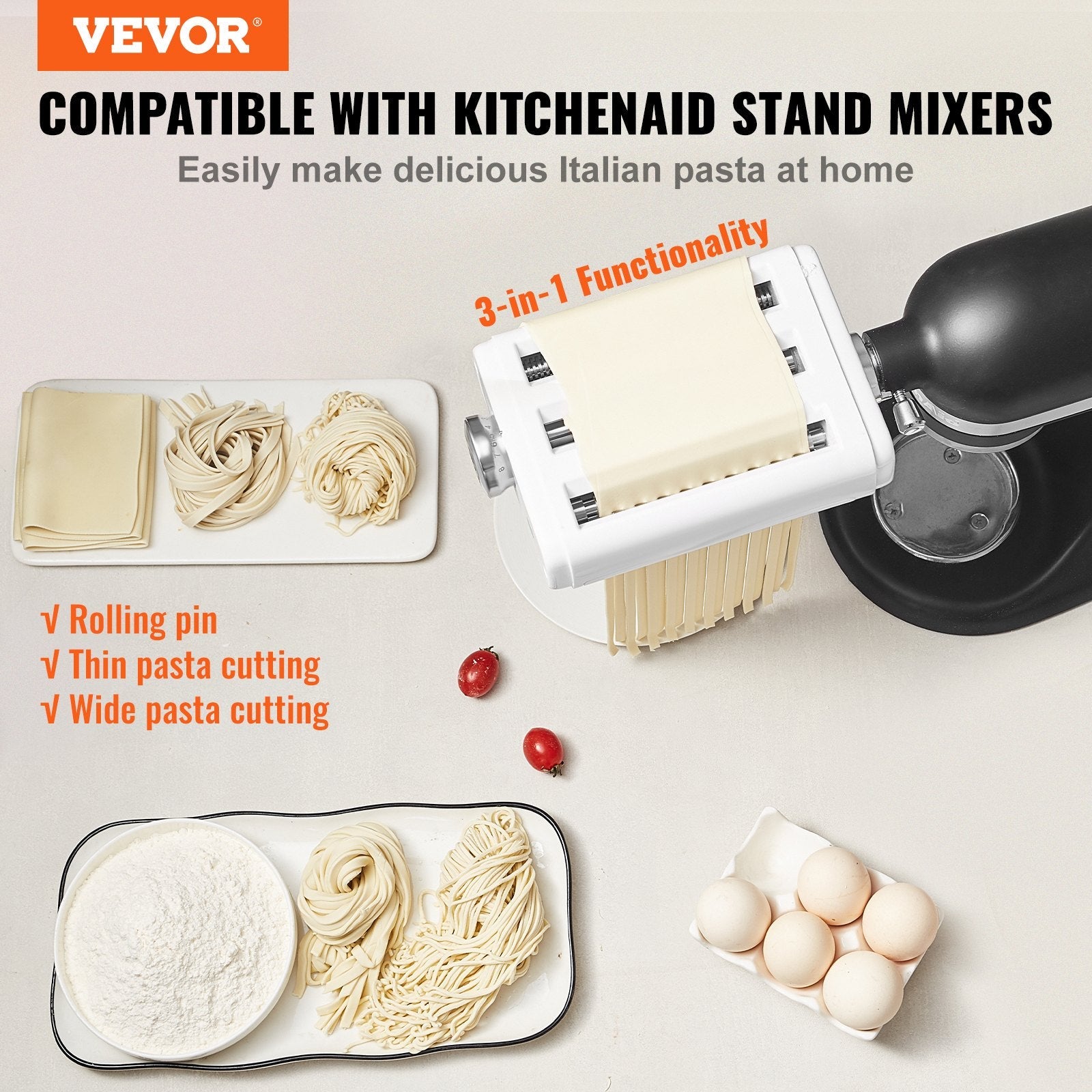 VEVOR Pasta Piederums KitchenAid Mikserim, 3-IN-1 Nerūsējošā Tērauda Ruļļa Griezējs, Spaghetti un Fettuccine Griezēji, 8 Biezuma Regulēšanas Poga