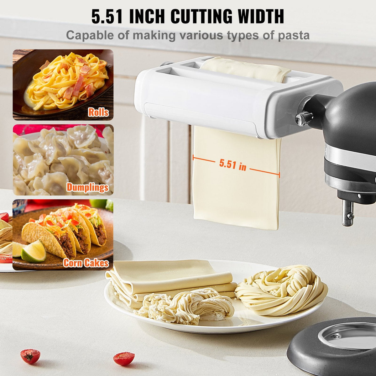 VEVOR Pasta Piederums KitchenAid Mikserim, 3-IN-1 Nerūsējošā Tērauda Ruļļa Griezējs, Spaghetti un Fettuccine Griezēji, 8 Biezuma Regulēšanas Poga