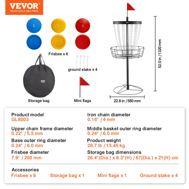 Pieejams 10 dienu laikā! VEVOR 24 ķēžu pārnēsājams disku golfa grozs ar pārnēsājamo somu un 6 diskiem, izturīgs, tērauda, piemērots iekštelpām un ārtelpām, melns