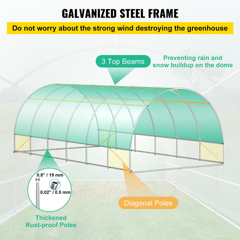 VEVOR pārnēsājama augu siltumnīca 6.1 x 3 x 2.1 m ar cinkota tērauda stīpām, 3 augšējām sijām, 4 diagonāliem stabiem, 2 durvīm ar rāvējslēdzēju un 12 saliekamiem logiem, zaļā krāsā