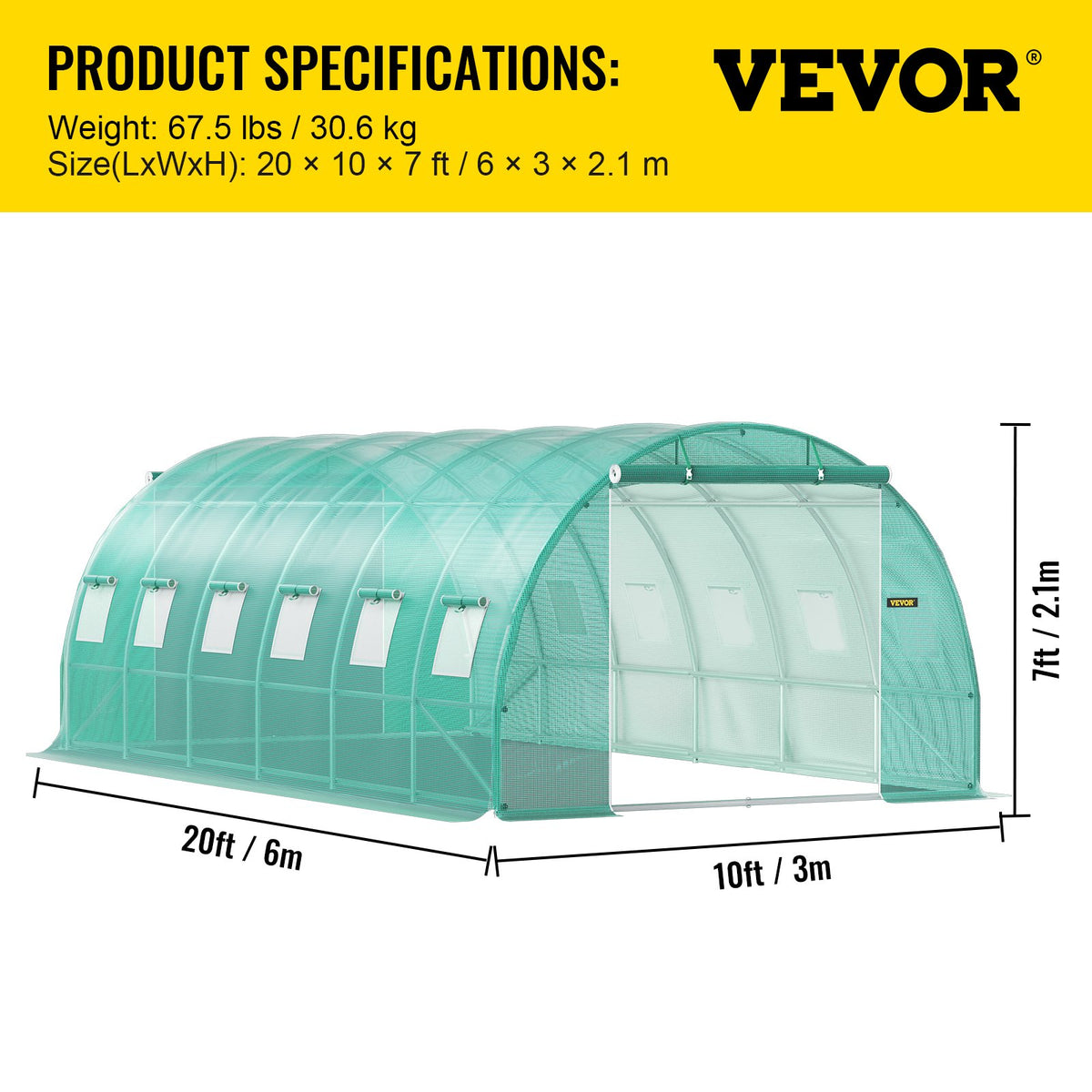 VEVOR pārnēsājama augu siltumnīca 6.1 x 3 x 2.1 m ar cinkota tērauda stīpām, 3 augšējām sijām, 4 diagonāliem stabiem, 2 durvīm ar rāvējslēdzēju un 12 saliekamiem logiem, zaļā krāsā