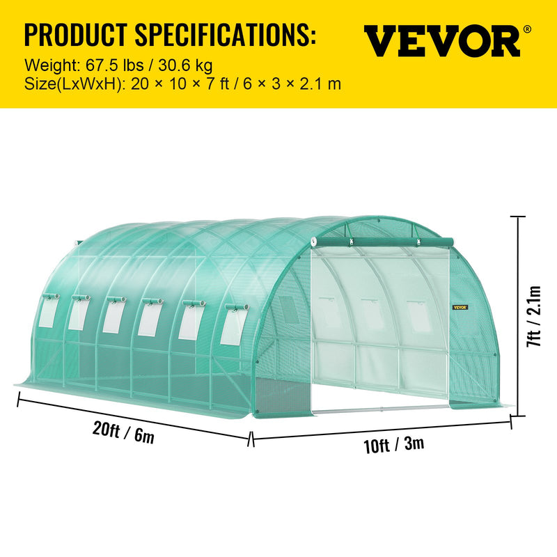 VEVOR pārnēsājama augu siltumnīca 6.1 x 3 x 2.1 m ar cinkota tērauda stīpām, 3 augšējām sijām, 4 diagonāliem stabiem, 2 durvīm ar rāvējslēdzēju un 12 saliekamiem logiem, zaļā krāsā