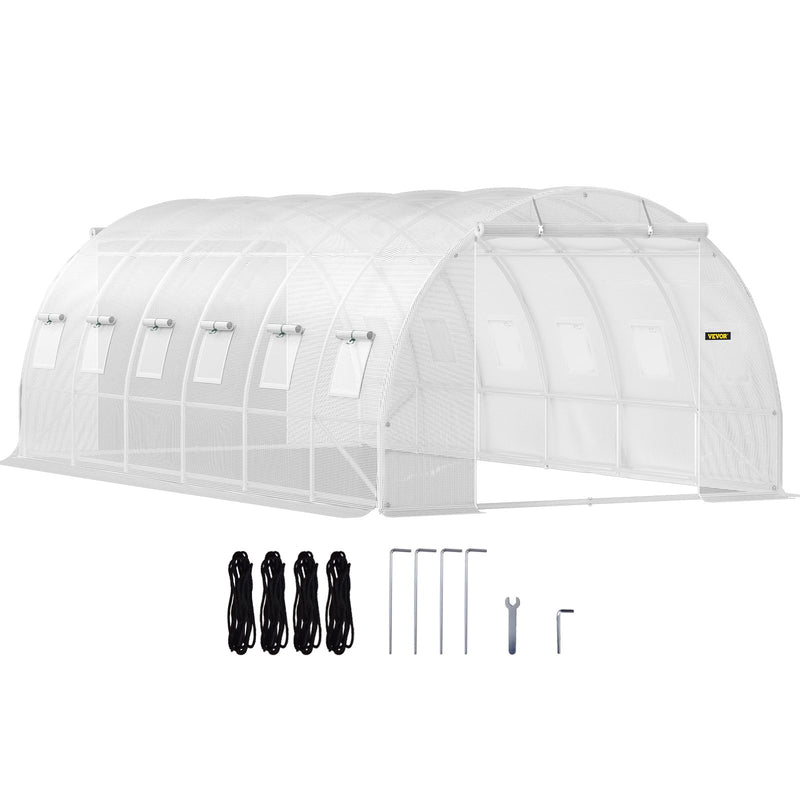 VEVOR portable plant greenhouse 6.1 x 3 x 2.1 m with galvanised steel hoops, 3 top beams, 4 diagonal poles, 2 zipped doors and 12 folding windows, white