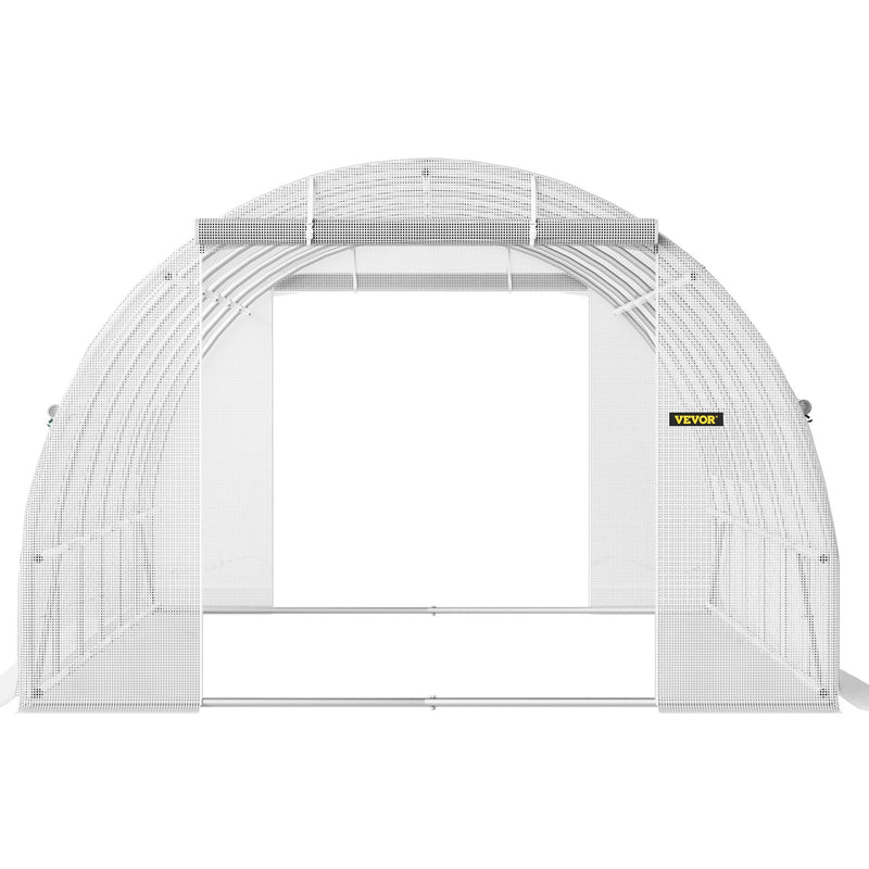 VEVOR portable plant greenhouse 6.1 x 3 x 2.1 m with galvanised steel hoops, 3 top beams, 4 diagonal poles, 2 zipped doors and 12 folding windows, white