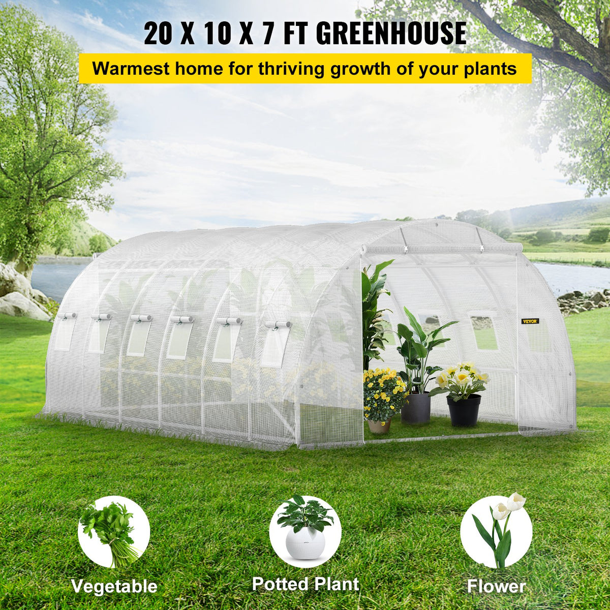 VEVOR portable plant greenhouse 6.1 x 3 x 2.1 m with galvanised steel hoops, 3 top beams, 4 diagonal poles, 2 zipped doors and 12 folding windows, white