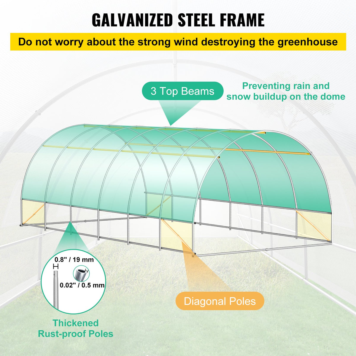 VEVOR portable plant greenhouse 6.1 x 3 x 2.1 m with galvanised steel hoops, 3 top beams, 4 diagonal poles, 2 zipped doors and 12 folding windows, white