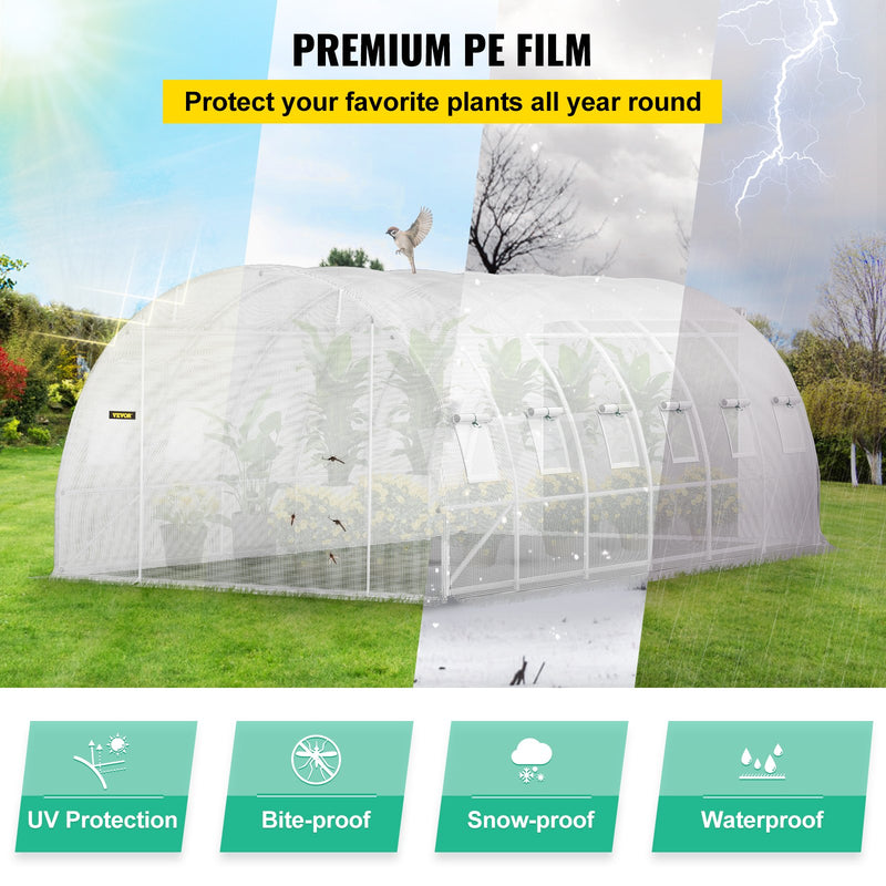 VEVOR portable plant greenhouse 6.1 x 3 x 2.1 m with galvanised steel hoops, 3 top beams, 4 diagonal poles, 2 zipped doors and 12 folding windows, white